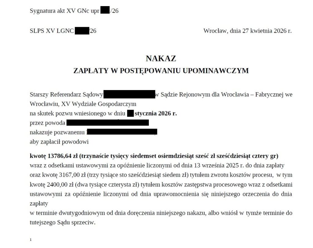 Przykład nakazu zapłaty obsługiwany przez kancelarię TiK